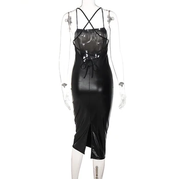 Chicology 2022 Pu Kožené Bez Rukávov Faux Bodycon Elegantné Čierne Módne Oblečenie Klubu Strany Streetwear Lete Midi Šaty
