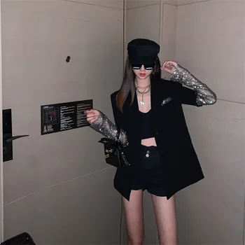 Nová móda Jeseň Čierne Sako Pre Ženy, Dlhý Rukáv Diamond Patchwork Dlhý Elegantný Kabát Ženy ženy Oblečenie