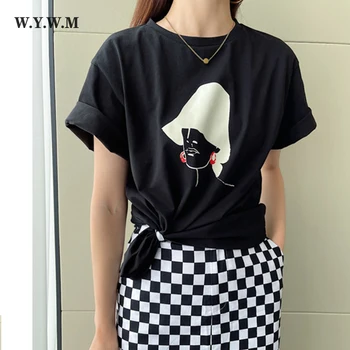 WYWM 2022 Lete Harajuku Vytlačené T Shirt Ženy kórejský Základné Voľné Oblečenie Abstraktné Údaje Grafické Tees Mäkké Bavlnené Žena Topy