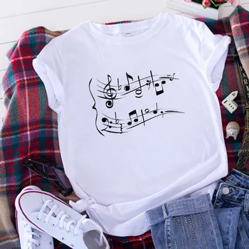 2021 Lete kórejský módne Nadrozmerné T-shirt noty Jednoduché Grafické Tričko Ženy Topy Bielych Tričkách Zábavné Dievčatá Tshirt top