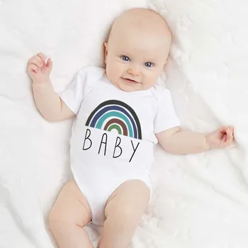 2022 Nové Detské Oblečenie Roztomilý Rainbow Dieťa Tlač Bavlna Kombinézu Biele Krátky Rukáv Lete Novorodenca Romper