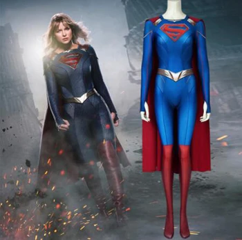 3D Supergirl Sezóny 5 Kostým Kara Zor-El Danvers Cosplay Superwoman Jumpsuit Halloween Kostýmy Pre Womloak Modrú Kombinézu