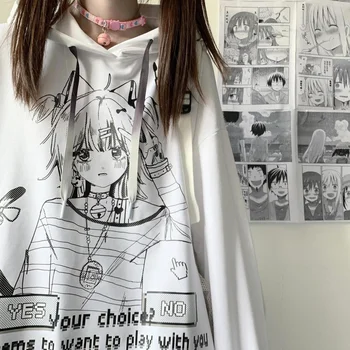 Deeptown Gotický Emo Anime Print Biele Hoodies Ženy Harajuku Streetwear Nadrozmerná Dlhý Rukáv Pulóver Žena Čierna Mikina