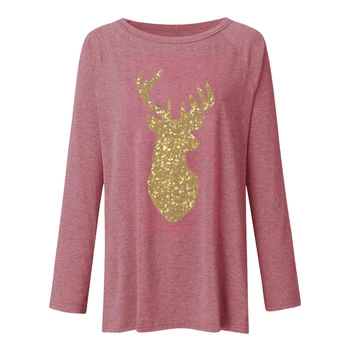 Dámske Tričko Elk Vianočné Tlač Pulóver Módne Dlhý Rukáv O Krk Bežné Tričko Oblečenie na Jar Voľné Ženy Top