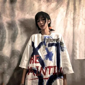 E Dievča, Gotické Oblečenie Voľné Nadrozmerné T Shirt Ženy Harajuku Hip Hop Umenie Graffiti Tričko Streetwear Žena Krátky Rukáv