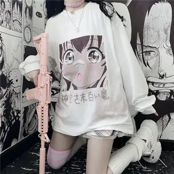 Japonsko Sladké Tričko Ženy Tričko Harajuku Mikina Topy Dievča Anime Tlač Voľné Dlhým rukávom T-shirt Študentka, Top