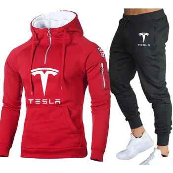 Jar, Jeseň pánske obleky Tesla auto logo tlač Zimné vysoko kvalitnej bavlny farbou Kolokačných Mužov mikina s Kapucňou+Nohavice, 2-dielna