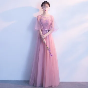 Krásy-Emily Elegantnej Čipky Späť Večerné Šaty 2021 Dlho Prachu Ružové Party Šaty s Lukom O Krk Svadobný Hosť Vestido