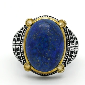 Lapis Lazuli Kamenný Kruh pre Mužov 925 Sterling Silver Prírodný Modrý Drahokam s Black CZ Krúžky Vintage Šperky Manžel Darček