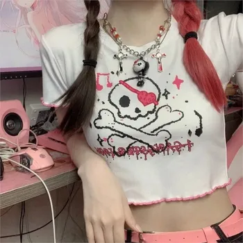 Lebka Anime Gotický Tlač Harajuku Punk Tmavé E-dievča T-shirt O-krku Krátke Rozprávky Emo Alt Streetwear Kawaii Ženy Orezať Začiatok