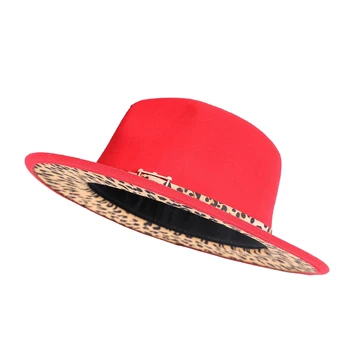 Leopard tlač jazz cylinder žien červená široký okraj šitie fedora klobúk jeseň a v zime veľký okraj vlnená čiapka mužov panamský klobúk