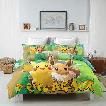 Pokemon posteľná bielizeň nastaviť Kryt Obliečky na Vankúš Pikachu Karikatúra Tlače Tri-dielna Posteľná súprava pre Deti Spálne Dekorácie