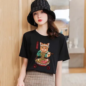 T-shirt dámske Trendové Dámske Športové a Rekreačné Japonský Vitality Kreslených Mačka Tričko Vzor Tlač Série Slim O-neck Tričko