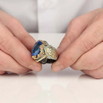 Vysoký stupeň dve farebné šperky vyrezávané turmalín diabol pozlátený modrý drahokam krúžok