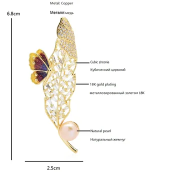 Wuli&baby Luxusné Prírodné Perly Leaf Brošňa Pre Ženy Autor Cubic Zirconia Smalt Motýľ Kvet Strany Úradu Brošňa Kolíky