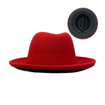 Zimné Ženy Červená Čierna Patchwork Kliešte Široký Okraj Vlna Jazz Fedora Klobúky Panama Plstený Klobúk Spp Trend Gambler Hat Veľkoobchod
