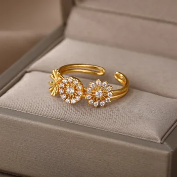 Zirkón Kvet Otvoriť Prstene Pre Ženy Nehrdzavejúcej Ocele Zlatá Farba Geometrické Kvet Krúžok Módny Christams Strany Šperky Darček 2021