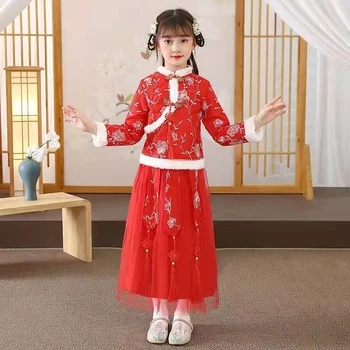 Červené, Ružové a Modré Dievča Čínskej Tradícii Oblečenie Zimné Čínsky Nový Rok Oblečenie pre Deti Hanfu Nový Rok Detí Tang Kostým