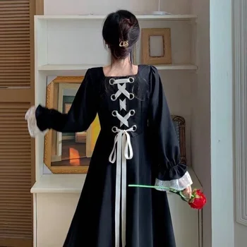 Čierna Midi Šaty pre Ženy, Dievča 2022 Lolita Oblečenie Kawaii Roztomilý Vintage Gotický Goth Oblečenie Fairycore Dlhý Rukáv Cottagecore