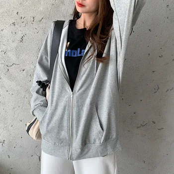 Ženské hip-hop streetwear bunda s kapucňou Harajuku kórejská Verzia Voľné Tenkým Dlhým rukávom s Kapucňou 90. rokov Streetwear Vrecká Mikiny